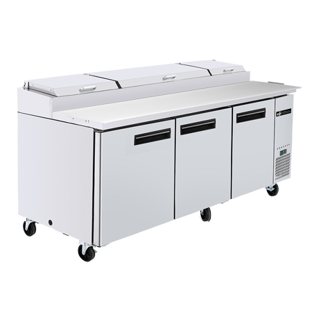 EFI CPDR3-93VC 93" Stainless Steel Pizza Prep Table - 28.4 Cu. Ft., 3-Door, 12 Pan Capacity, Side-Mounted Refrigeration