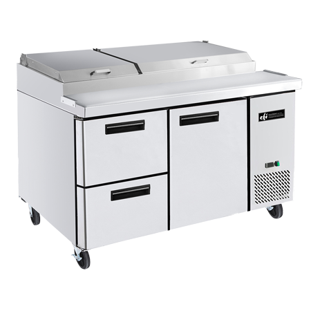 EFI CPDW2-67VC 67" Stainless Steel Pizza Prep Table - 20 Cu. Ft. with 2 Drawers & 1 Door, Versatile and Durable.