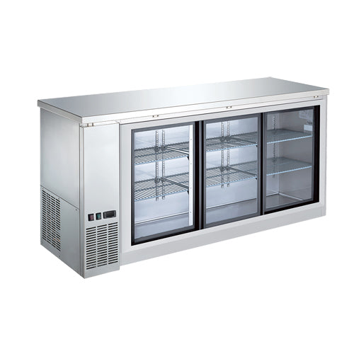 EFI CBBSGDS3-72CC 72" Stainless Steel Sliding Glass Back Bar Refrigerator - 19.6 cu ft, 3 Doors, 2 Sections