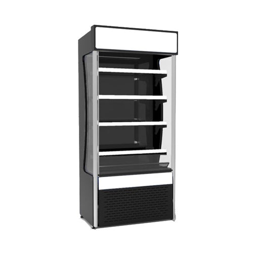EFI CGOM-2880 28" Vertical Open Air Curtain Merchandiser, Black, 10.6 cu. ft. with LED lighting and adjustable shelves.