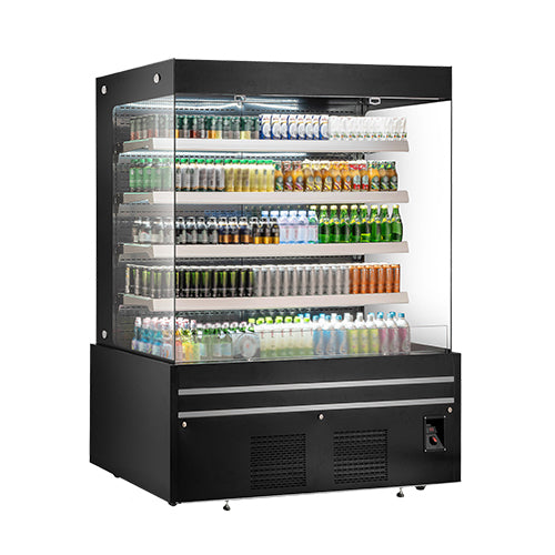 EFI CGOMB-7280 72" Open Air Curtain Merchandiser - Black, 40.9 cu. ft. with LED lights & adjustable shelves.