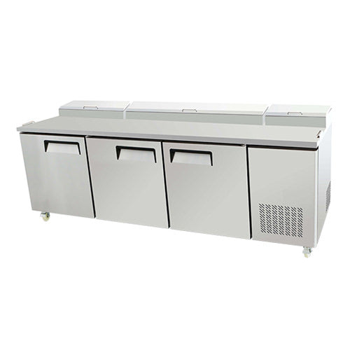 EFI CPDR3-93VC 93" Stainless Steel Pizza Prep Table - 28.4 Cu. Ft., 3-Door, 12 Pan Capacity, Side-Mounted Refrigeration