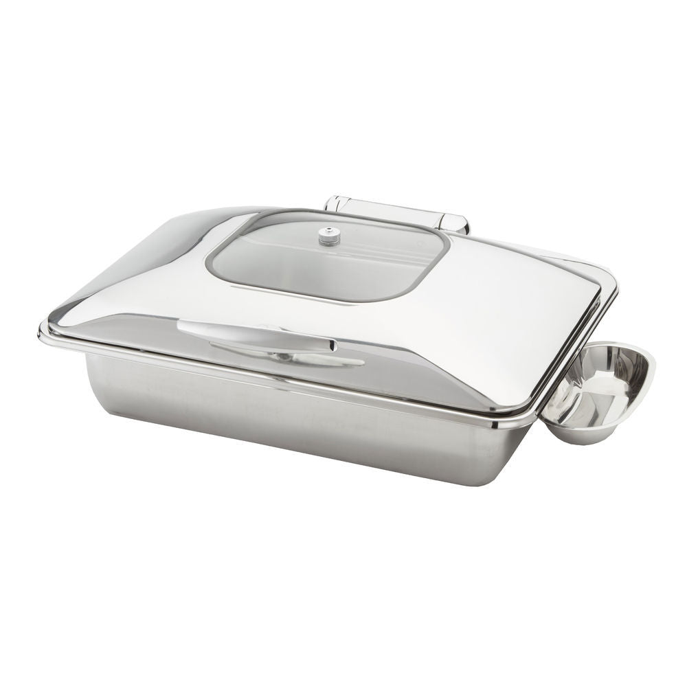 American Standard REVLRT26 9 Qt Stainless Steel Rectangular Chafer, Induction Ready, Slow-Release Glass Lid, Spoon Rest