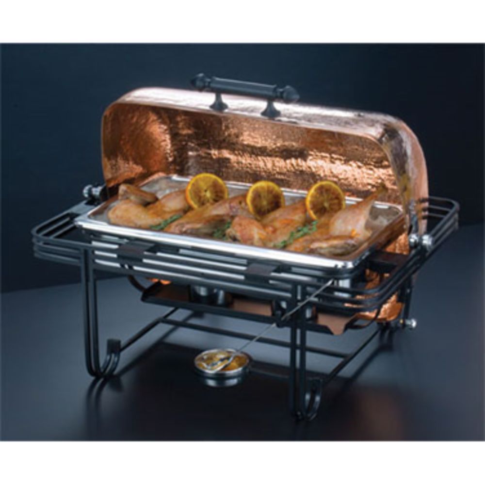 American Standard Mesa72C 8 Qt Copper Rectangular Chafer with Hammered Finish & Wrought Iron Handles