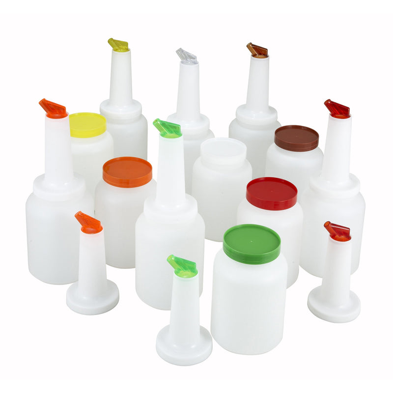 1qt Liquor/Juice Pour Bottle Set, 12 pcs/cs, 2 of Each Color-Bar Accessories-Winco-PPB-1MX-KAF Bar Supplies