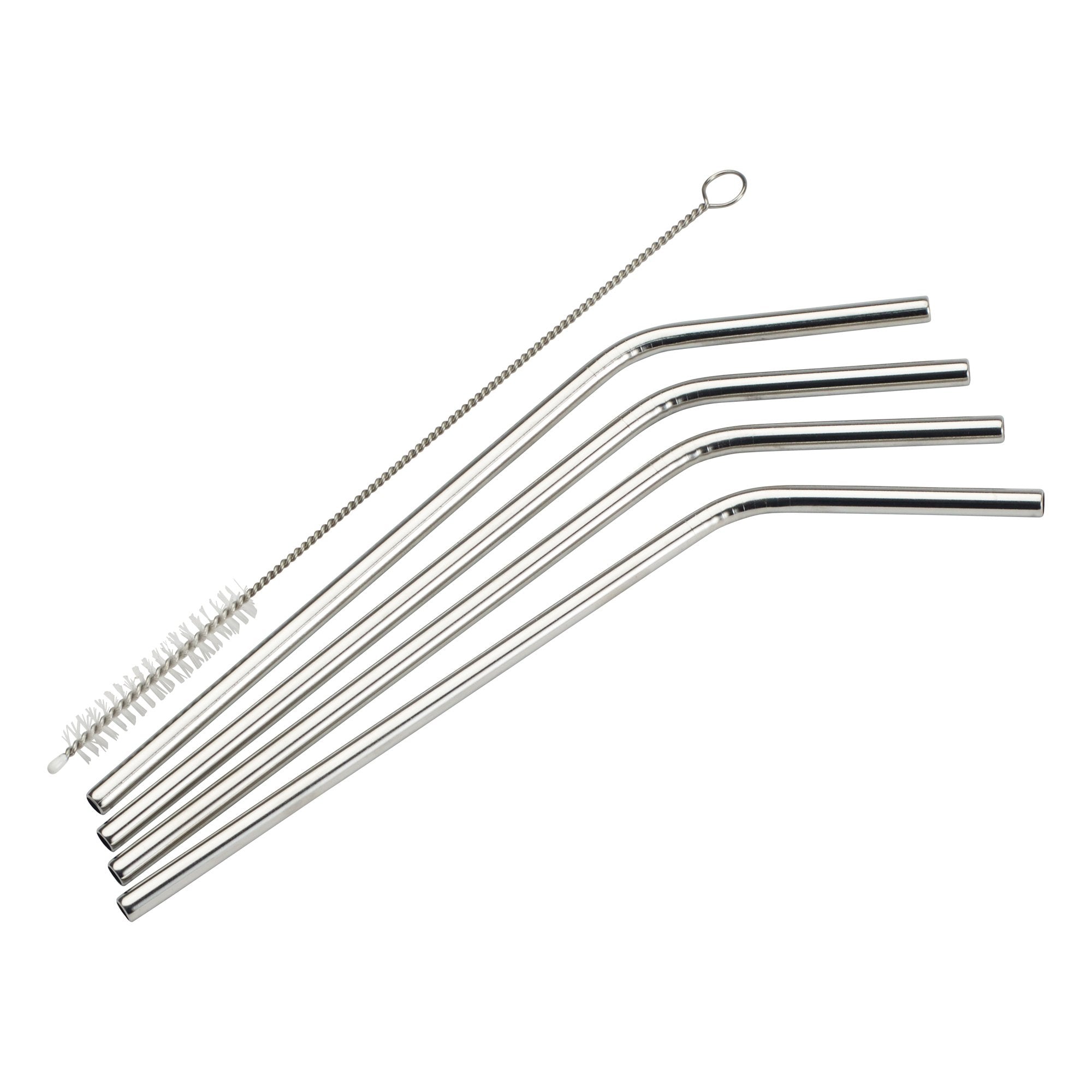 Drinking Straw Set, 5-Pc: 4 straws, 1 brush, 1/4"Dia x 8-1/2"H, Curved, 18/8 SS-Kitchen Supplies-Winco-SSTW-8C-KAF Bar Supplies